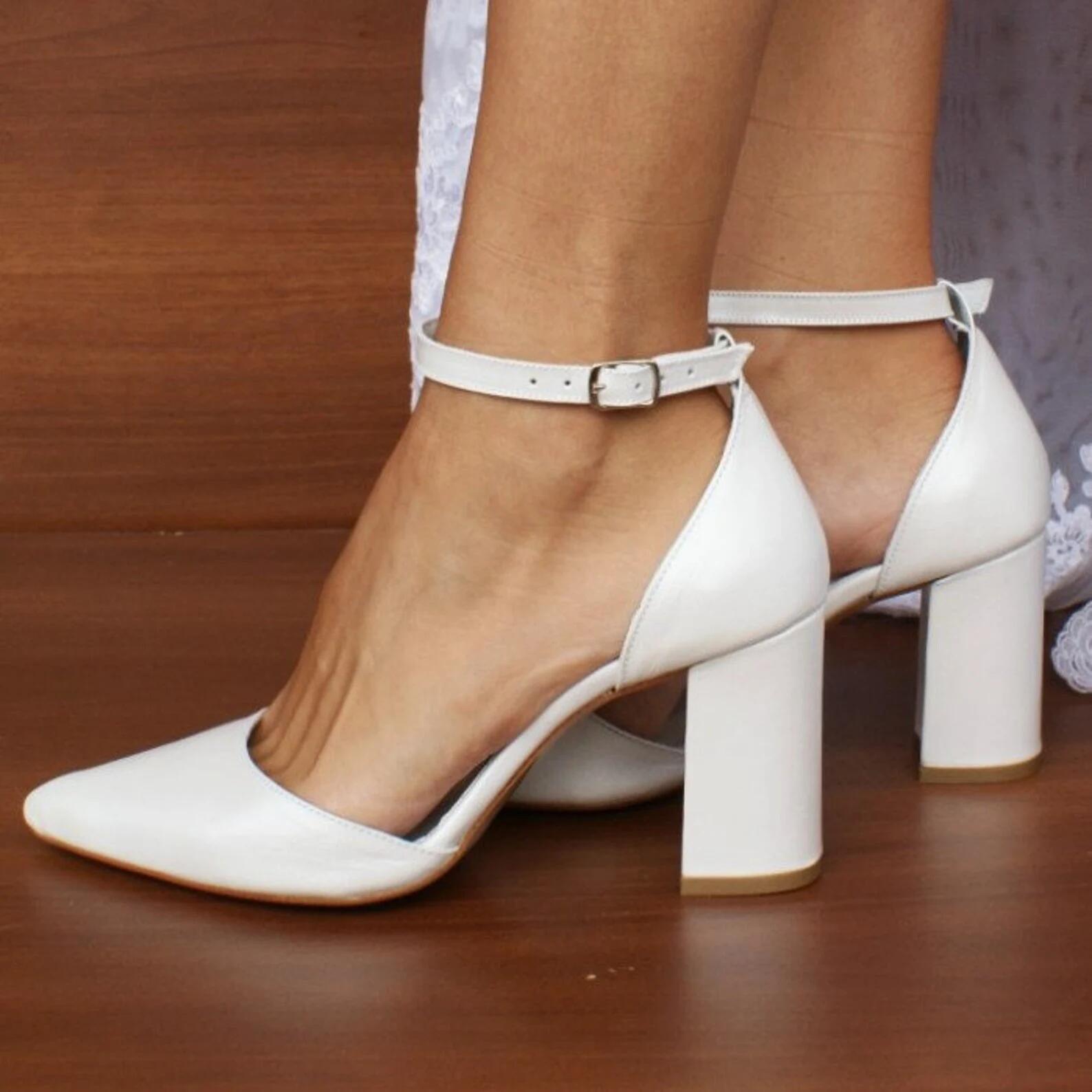 Pointed Toe Ankle Strap Block Heel Elegant Formal Heels Shoes 708839600726 - 7 Days / White / 36 - COCOMELODY